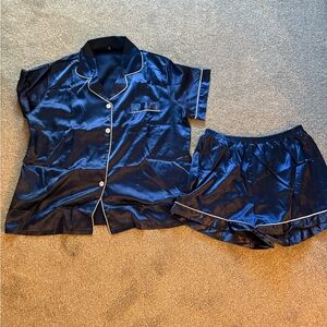 NWT Women's Navy Blue Satin Pajama Set with White Trim, Sz M